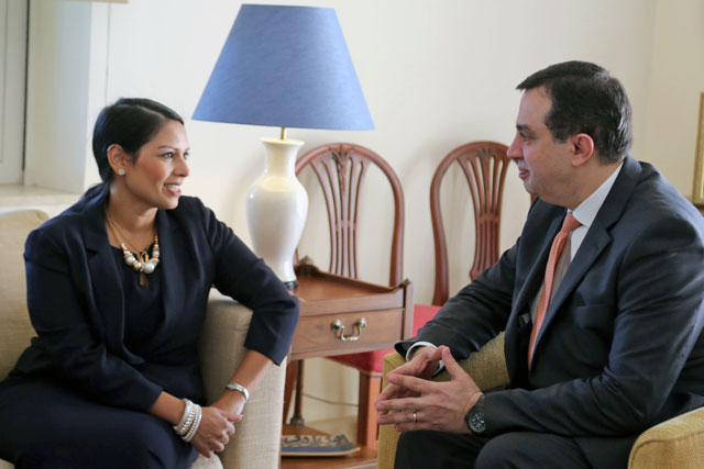 Planning and International Cooperation Minister Imad Fakhoury holds talks with UK Secretary of State for International Development Priti Patel in Amman, on Monday (Photo courtesy of Ministry of Planning and International Cooperation)