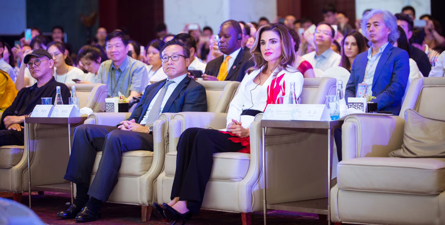 Her Majesty Queen Rania takes part in the XIN Philanthropy Conference in Hangzhou, China, on Wednesday (Photo courtesy of Royal Court)