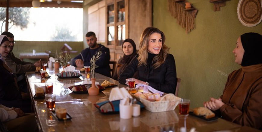 Her Majesty Queen Rania visits Jerash on Sunday, and meets with members of the Darb Al Noor Association for Community Development, as well as a group of young project owners whom she previously supported under a sponsorship scheme (Photo courtesy of Her Majesty Office)
