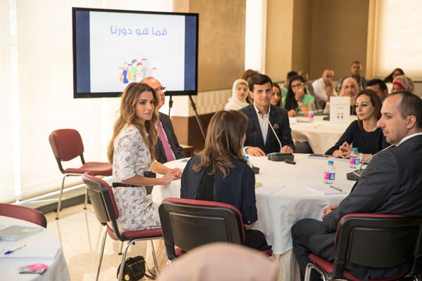 Her Majesty Queen Rania attends a discussion session with youths and members of the National Committee for Human Resources Development in Amman, on Wednesday (Photo courtesy of Royal Court)