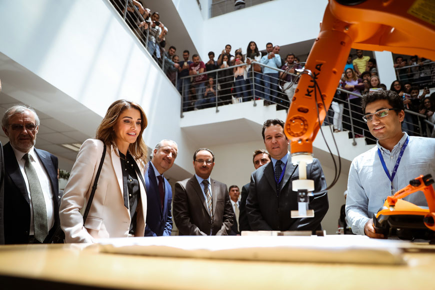 Her Majesty Queen Rania visits the German Jordanian University’s campus in Madaba, some 30km southwest of Amman, on Sunday (Photo courtesy of Royal Court)