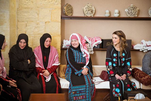 Her Majesty meets with the founders and beneficiaries of community empowerment initiatives in Salt, around 35km northwest of Amman, on Monday (Photo courtesy of Royal Court)