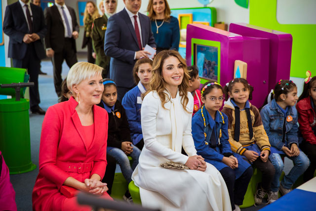 Her Majesty Queen Rania and First Lady of Poland Agata Kornhauser-Duda visit the Children's Museum Jordan in Amman on Sunday (Photo courtesy of Royal Court)