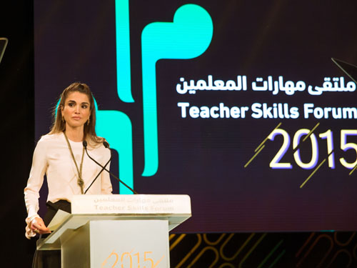 Her Majesty Queen Rania addresses educators at the second Teacher Skills Forum on Sunday (Photo courtesy of Royal Court)