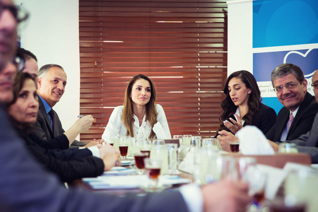 Her Majesty Queen Rania chairs the Royal Health Awareness Society’s board of trustees meeting in Amman on Tuesday (Photo courtesy of Royal Court)