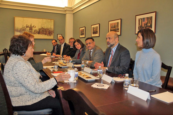 Prime Minister Omar Razzaz and the economic-ministerial delegation to Washington meet with Head of the US House Committee on Appropriations Nita Lowey and the republican ranking member of the committee, Kay Granger, on Friday (Photo courtesy of Prime Ministry)