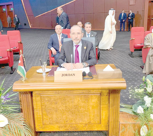 Deputising for His Majesty King Abdullah, Foreign Minister Ayman Safadi delivers Jordan’s address at the Arab-EU summit in Sharm El Sheikh, Egypt, on Monday (Petra photo)
