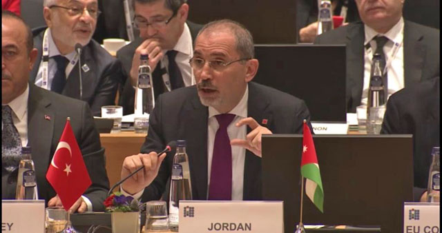 Foreign Minister Ayman Safadi delivers a statement at the 3rd Brussels conference to support Syria on Thursday (Photo courtesy of Foreign Ministry)