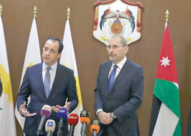 Foreign Minister Ayman Safadi and his Cypriot counterpart Nikos Christodoulides address the press following talks in Amman on Thursday (Photo courtesy of Foreign Ministry)
