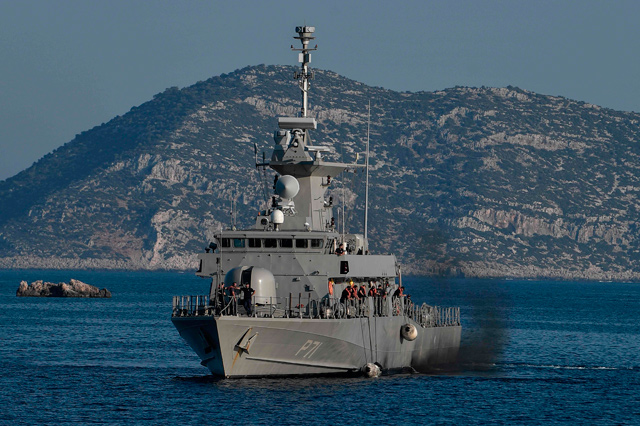 The Hellenic Navy Roussen or Super Vita class Fast Missile Patrol Boat P 71 HS Ritsos patrols off the tiny Greek island of Kastellorizo, in the Dodecanese, the furthest southeastern Greek island, two kilometres from the Turkish mainland on Friday (AFP photo)
