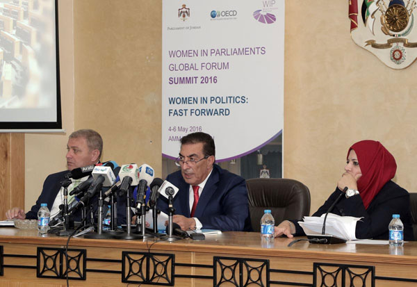 Lower House Speaker Atef Tarawneh speaks at a press conference in Amman on Tuesday (Petra photo)