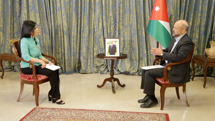 Prime Minister Omar Razzaz speaks during an interview on Jordan Television after a Cabinet meeting to discuss teachers’ strike (Photo courtesy of Prime Ministry)