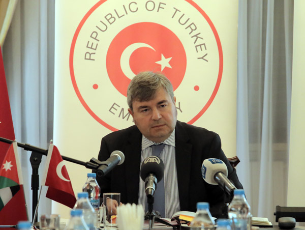 Turkey’s Ambassador to Jordan Murat Karagöz holds a press conference in Amman on Thursday (Photo by Osama Aqarbeh)