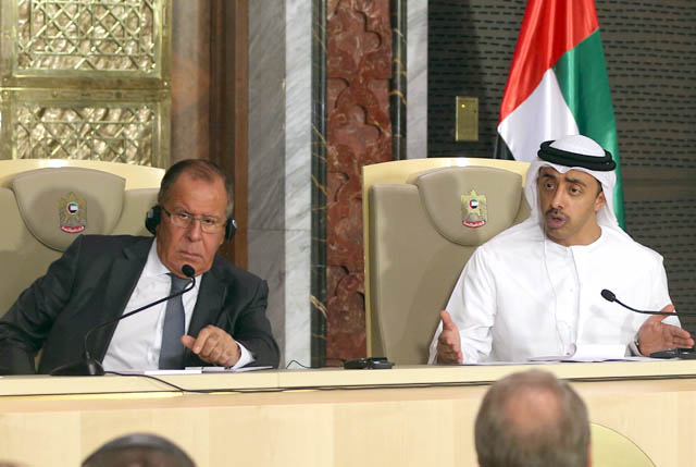 Russia's Foreign Minister Sergei Lavrov (left) and UAE's Minister of Foreign Affairs and International Cooperation Abdullah Bin Zayed Al Nahyan give a press conference in Abu Dhabi on Tuesday (AFP photo)