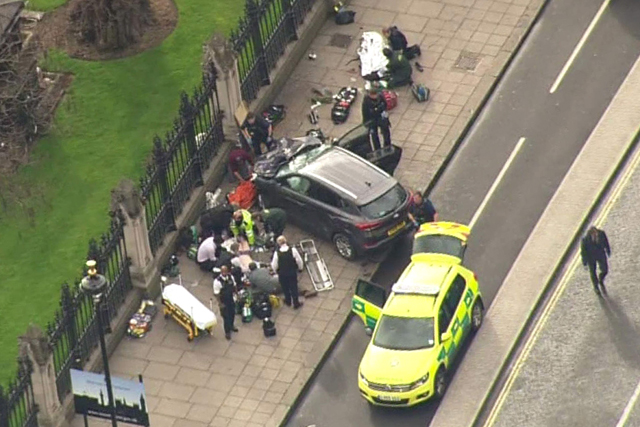 A screengrab taken on Wednesday from footage from an ITN helicopter shows members of the emergency services working at the scene of the terror attack at the Houses of Parliament in central London (AFP photo)