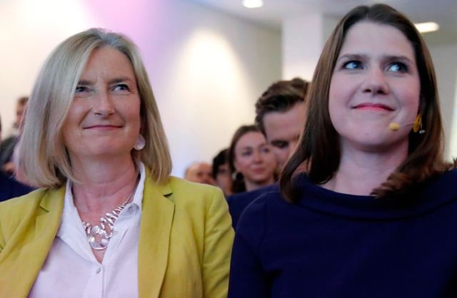 Leader of the Liberal Democrats Jo Swinson (right) sits with newest MP Sarah Wollaston  at an event where Swinson gave a keynote speech on Brexit in London on Thursday (AFP photo)