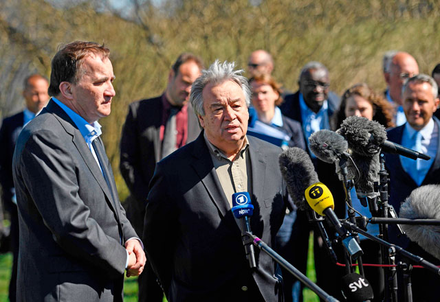 United Nations Secretary General Antonio Guterres (right) and Sweden’s Prime Minister Stefan Lofven speak to the press during the annual informal working meeting with the UN Security Council at Dag Hammarskjold’s farm at Backakra, , southern Sweden, on Saturday (AFP photo)