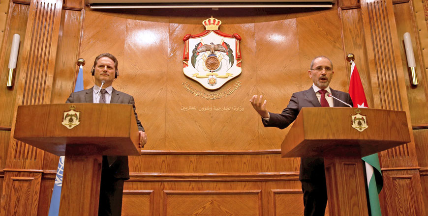 Foreign Minister Ayman Safadi speaks during a news conference with UNRWA Commissioner General Pierre Krahenbuhl in Amman on Thursday (Reuters photo by Muhammad Hamed)