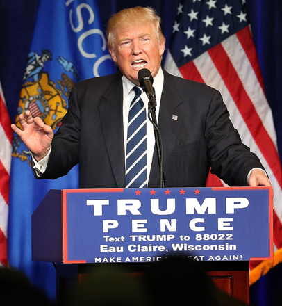 Republican presidential candidate Donald Trump speaks at a campaign stop at UW-Eau Claire’s Zorn Arena in Eau Claire, Wisconsin, on Tuesday (AP photo)