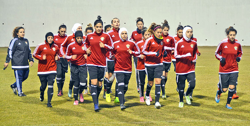 Members of the national women's football team train for their upcoming matches in Amman, recently (Photo courtesy of Jordan Football Association)