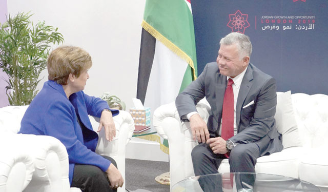 His Majesty King Abdullah meets with World Bank Group Interim President Kristalina Georgieva in London on Thursday (Photo courtesy of Royal Court)
