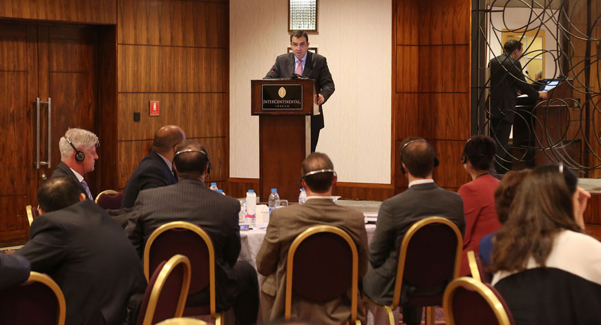 Minister of Planning and International Cooperation Imad Fakhoury speaks during the launch of 2017-2022 country partnership framework between Jordan and the World Bank on Thursday (Photo courtesy of Planning Ministry)