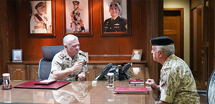 His Majesty King Abdullah, the Supreme Commander of the Jordan Armed Forces-Arab Army (JAF), meets with Chairman of the Joint Chiefs of Staff Maj. Gen. Yousef Huneiti during a visit to the General Command of the JAF on Thursday (Photo courtesy of Royal Court)