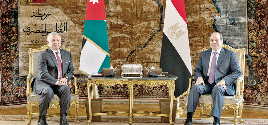 His Majesty King Abdullah on Wednesday meets with Egypt President Abdel Fattah Al Sisi in Cairo. The two leaders reiterate their complete rejection of all attempts to liquidate the Palestinian issue and forcibly displace Palestinians in the West Bank and the Gaza Strip (Photo courtesy of Royal Court)