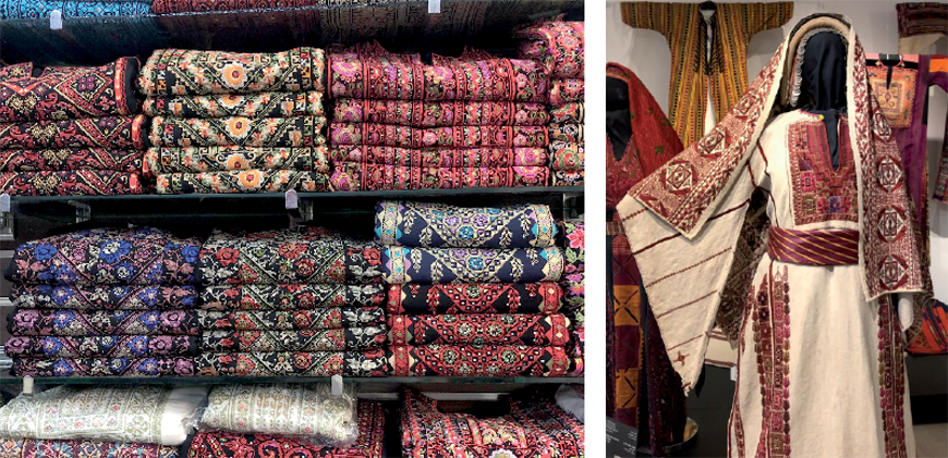 Left: Palestinian thobes are seen in a shop in downtown Amman. Right: A traditional Palestinian thobe from the collection of Widad Kawar on display at Tiraz Centre (Photos by Ladin Akcacioglu)