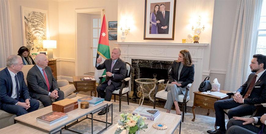 His Majesty King Abdullah on Tuesday stresses to members of the United States Senate the importance of pushing for a ceasefire in Gaza during a meeting in Washington, DC, attended by Her Majesty Queen Rania and HRH Crown Prince Hussein (Photo courtesy of Royal Court)