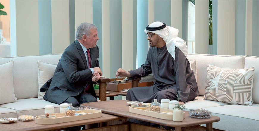 His Majesty King Abdullah meets United Arab Emirates President Sheikh Mohamed Bin Zayed Al Nahyan in Abu Dhabi and discusses the deep-rooted bilateral ties, and the dangerous developments in Gaza (Photo courtesy of Royal Court)