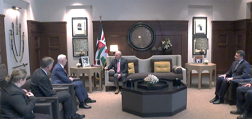 His Majesty King Abdullah receives UK House of Commons Speaker Lindsay Hoyle on Sunday, and stresses the need for concerted international efforts to increase aid to Gaza (Photo courtesy of Royal Court)