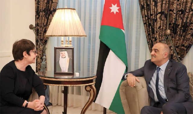 Prime Minister Bisher Al Khasawneh meets with President of the European Bank for Reconstruction and Development  Odile Renaud-Basso in Amman on Tuesday (Petra photo)