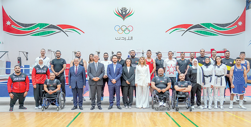 HRH Crown Prince Hussein, the Regent, meets with the Jordan Olympic and Paralympic teams participating in the Paris Olympic and Paralympic Games, and attends part of their training sessions during a visit to the Olympic Preparation Centre (Photo courtesy of Royal Court)