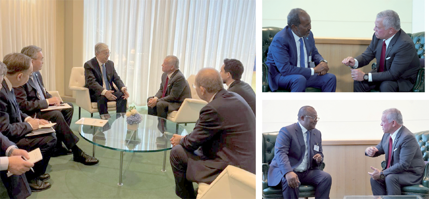 His Majesty King Abdullah on Tuesday held separate meetings in New York with Somali President Hassan Sheikh Mohamud (top right), Kazakh President Kassym-Jomart Tokayev (above), and Guinea-Bissau President Úmaro Sissoco Embaló (Photos courtesy of Royal Court)
