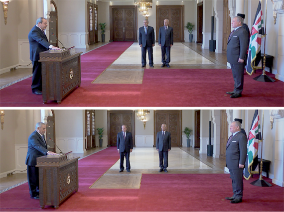 His Majesty King Abdullah swears in Mohammad Mahadin as president of the Constitutional Court and Basil Abu Anza as a newly appointed member of the Constitutional Court (Photos courtesy of the Royal Court)