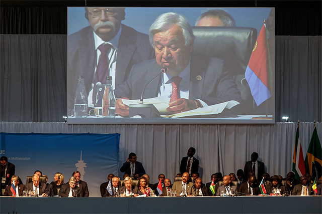 Secretary-General of the United Nations Antonio Guterres (1st row 3rd left) delivers remarks at a meeting during the 2023 BRICS Summit at the Sandton Convention Centre in Johannesburg on Thursday (AFP photo)