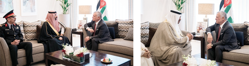 His Majesty King Abdullah meets in Aqaba with Kuwaiti Defence Minister Sheikh Abdullah Ali Al Abdullah Al Sabah, and Saudi Minister of National Guard Prince Abdullah Bin Bandar Bin Abdulaziz Al Saud on Tuesday (Photo courtesy of Royal Court)