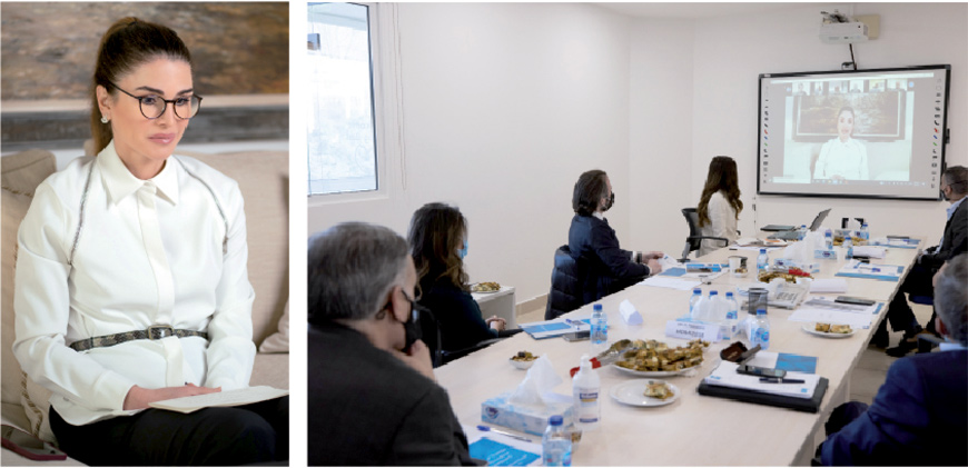 Her Majesty Queen Rania joined via video call the Royal Health Awareness Society’s annual board of trustees meeting on Tuesday, to discuss the society’s accomplishments over the past year and its programmes on preventative measures amidst the ongoing COVID-19 pandemic (Photos courtesy of Royal Court)
