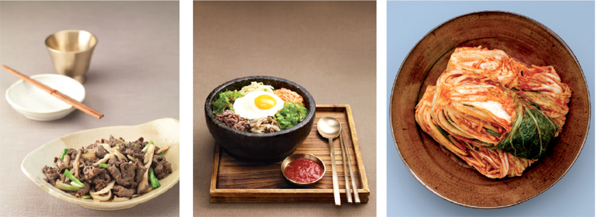 Korean dishes, from left: The Korean barbecue (bulgogi), rice dish Bibimbap and fermented staple dish kimchi (Photos courtesy of Korean Food Promotion Institute (www.hansik.or.kr))