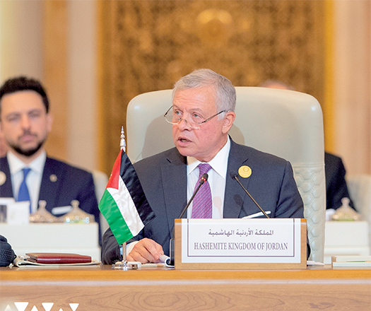 His Majesty King Abdullah addresses on Saturday the joint Arab-Islamic Extraordinary Summit on Gaza, hosted by Saudi Arabia in Riyadh (Photo courtesy of Royal Court)
