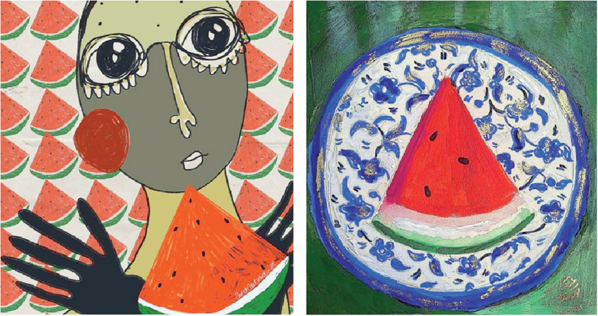 Artworks by Jordanian illustrator and art curator Sarah Hatahet (left) and Palestinian-Jordanian visual artist Beesan Arafat