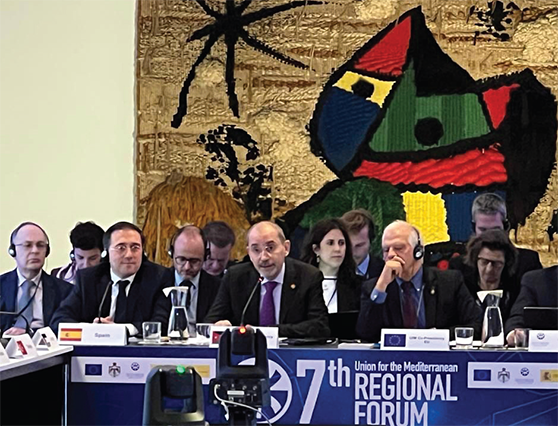 Deputy Prime Minister and Foreign Affairs Minister Ayman Safadi addresses the seventh Regional Forum for Foreign Ministers of the Union for the Mediterranean in Barcelona on Thursday (Photo courtesy of Foreign Ministry)