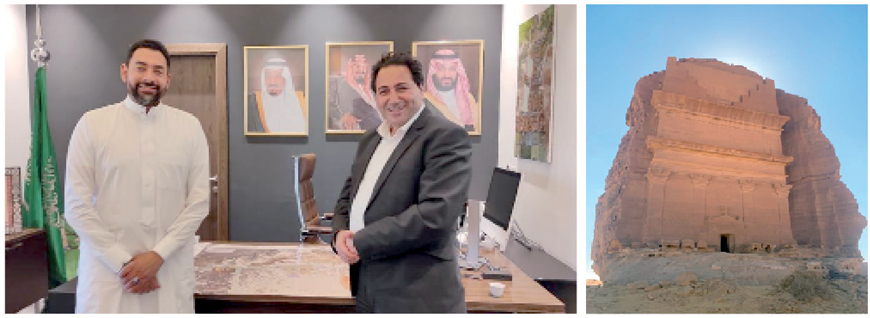  Chief Commissioner of Petra Development and Tourism Region Authority Suleiman Farajat (right) poses for a photo with the CEO of the Royal Commission for Al Ula, Amro Madani. Right: A view of Al Hijr also known as Mada’in Saleh in northwest Saudi Arabia (Photos courtesy of PDTRA)