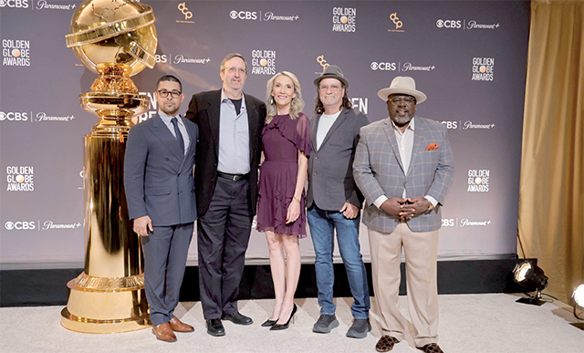 From left to right: Wilmer Valderrama, Ricky Kirshner, Helen Hoehne, Glenn Weiss and Cedric the Entertainer pose onstage during the 81st Golden Globe Awards nominations announcement at The Beverly Hilton on Monday in Beverly Hills, California (AFP photo)