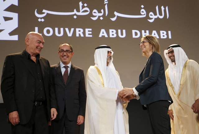 French architect Jean Nouvel who designed the Louvre, President of the Louvre Jean-Luc Martinez, UAE Minister of Culture Sheikh Nahyan Mubarak Al Nahyan, French Minister of Culture Francoise Nyssen and Chairman of Abu Dhabi Tourism Mohamed Khalifa Al Mubarak stand on stage during press conference in Abu Dhabi on Wednesday during which they announced the Louvre Abu Dhabi will be open to the public on November 11 (AFP photo)