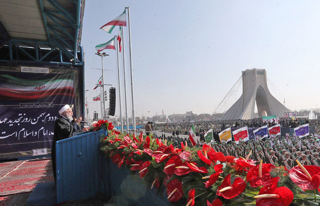 This handout photo provided by the office of the Iranian President Hassan Rouhani on Sunday shows him delivering a speech at the Azadi Square in the capital Tehran during a ceremony to mark the 39th anniversary of the Islamic revolution (AFP photo)