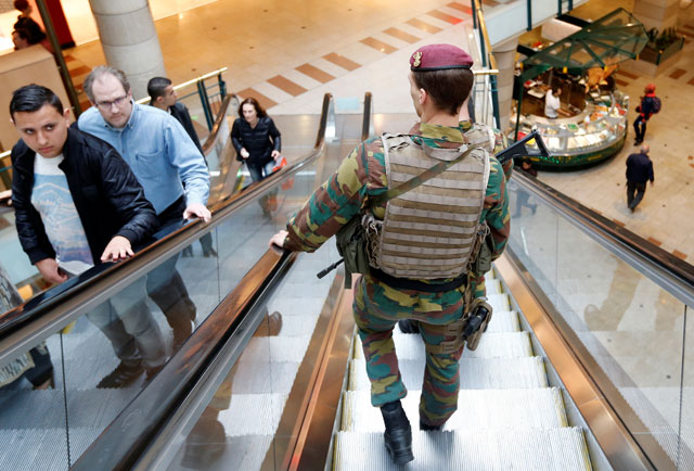 A Belgian soldier patrols the shopping centre City2 in central Brussels, Belgium, on Wednesday (Reuters photo)