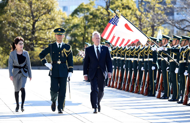 US Defence Secretary Jim Mattis reviews an honour guard during a welcoming ceremony at the defence ministry in Tokyo on Friday (AFP photo)