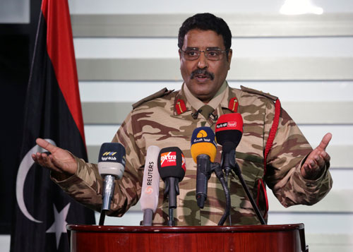 Spokesman of Libyan National Army Colonel Ahmed Al Masmary gestures during a news conference in Benghazi, Libya, on Friday (Reuters photo)